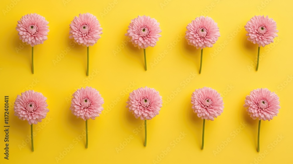 Poster pink chrysanthemums arranged in a row against a vibrant yellow background creating a cheerful floral