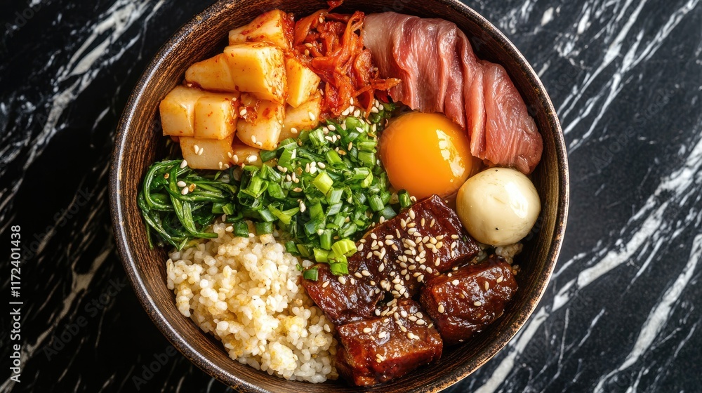 Poster overhead view of a beautifully arranged bowl with assorted colorful foods showcasing a mix of textur