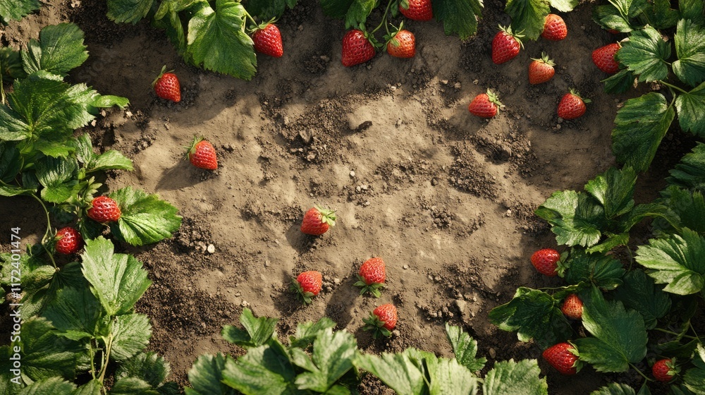 Poster overhead view of fresh ripe strawberries arranged on soil surrounded by green leaves in a natural se
