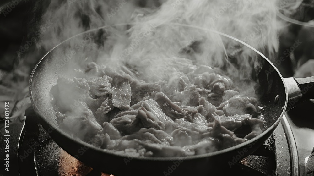 Poster overhead view of simmering ragout in a frying pan showcasing traditional meat dish with steam rising