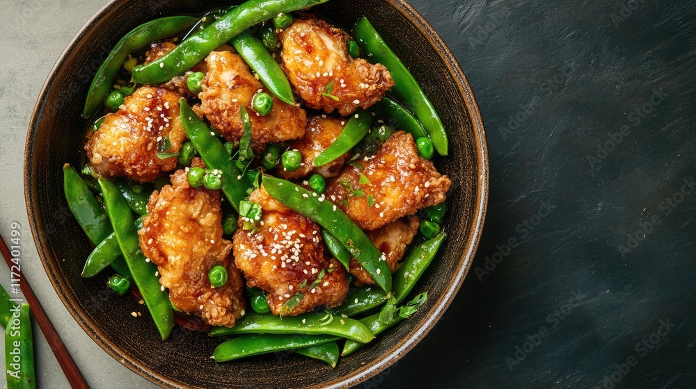 Aufkleber overhead view of crispy fried chicken served with snow peas and green beans in a savory miso sauce g