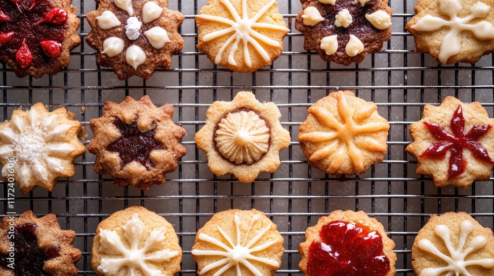 Poster overhead view of beautifully decorated cookies arranged on a cooling rack showcasing various flavors