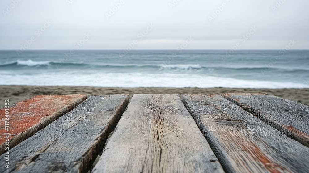 Poster oxidized wooden table foreground with blurred ocean waves and sandy beach in the background under a 