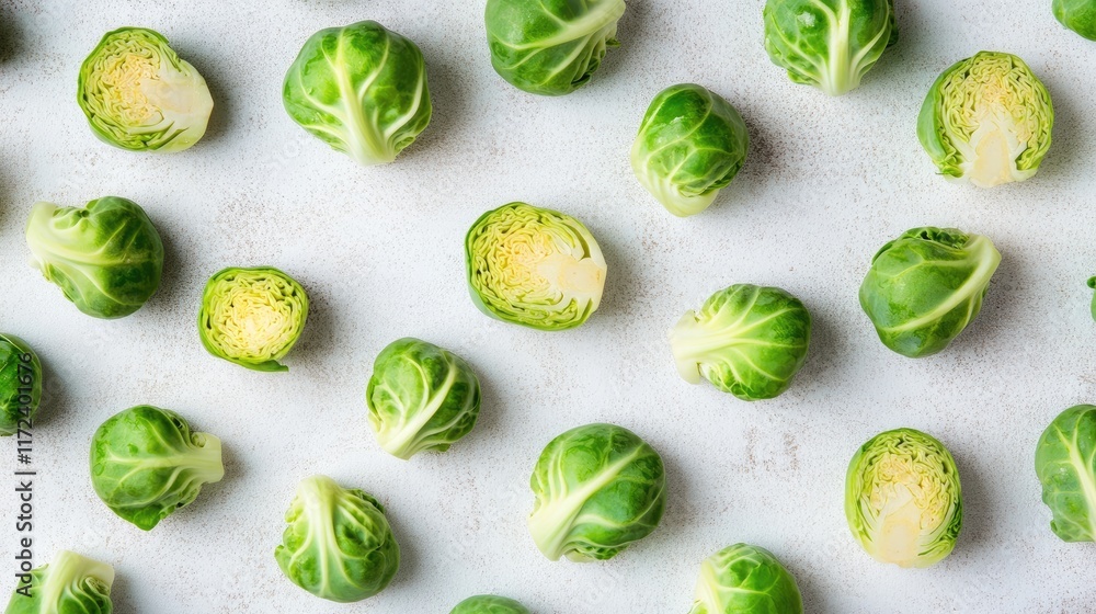 Poster overhead view of fresh green brussels sprouts arranged on a light textured background for healthy fo