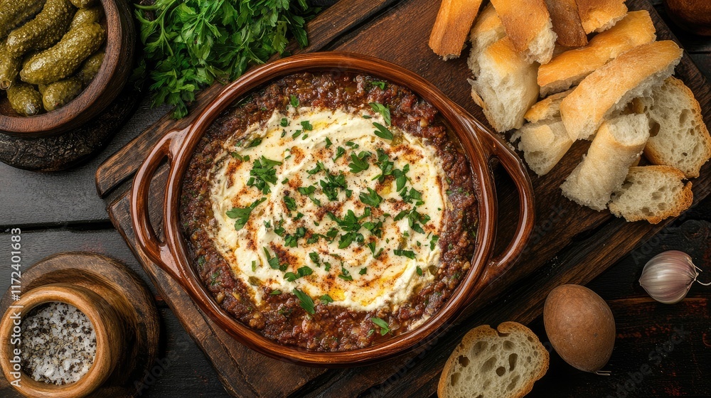 Poster overhead view of creamy dip with fresh bread and garnishes on rustic wooden serving tray