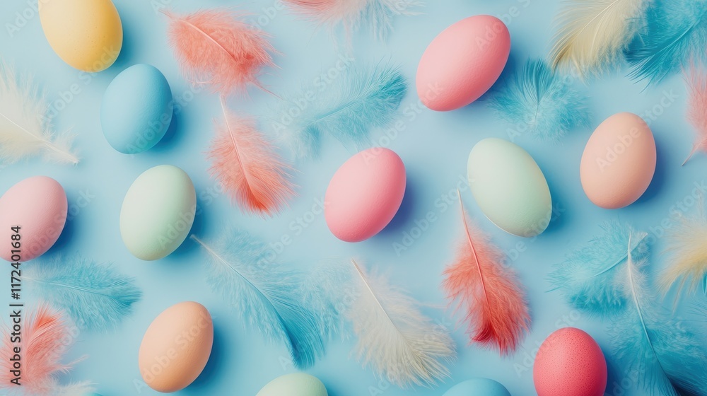 Poster overhead view of pastel colored easter eggs surrounded by soft feathers on a light blue background f