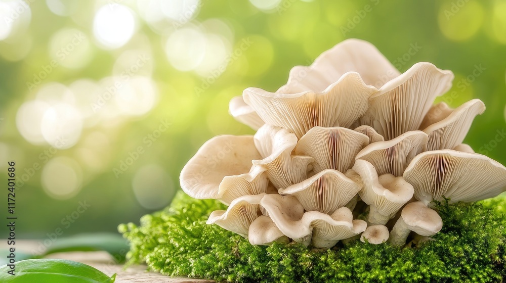 Poster oyster mushrooms growing on vibrant green moss with soft focus background creating a serene natural 