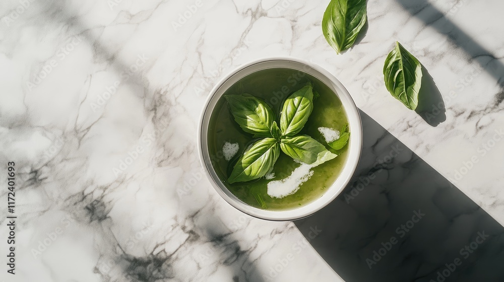 Aufkleber minimalist overhead view of fresh basil soup in a bowl surrounded by basil leaves on a marble counte