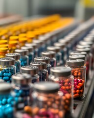 Foreground filled with various pills and medicine vials, showcasing a variety of pharmaceutical products in a detailed, highquality image