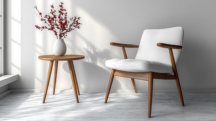 A minimal living room setup with a white leather armchair and a minimalist wooden side table, centered against an all-white background. The room is devoid of any ornaments, focusing solely on 