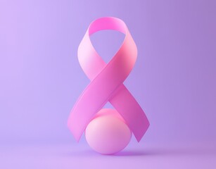 A pink ribbon symbolizing awareness, placed over a soft sphere on a pastel background.