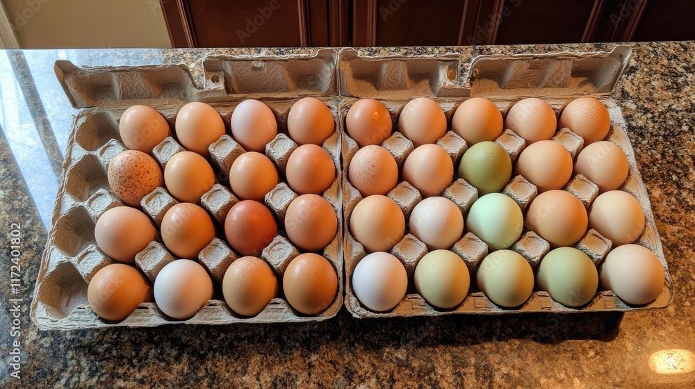 Poster overhead view of assorted eggs in cartons on a sleek kitchen countertop showcasing variety and fresh
