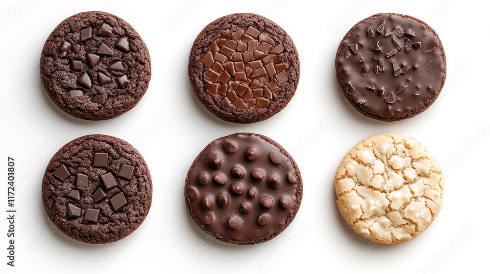 Aufkleber Overhead view of assorted chocolate cookies with various textures and flavors arranged on a white background for a dessert concept.