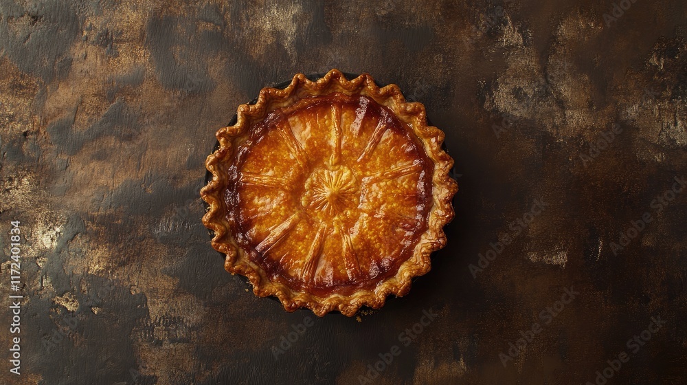 Poster Overhead view of a freshly baked golden pie on a rustic textured surface showcasing its delicious crust and filling