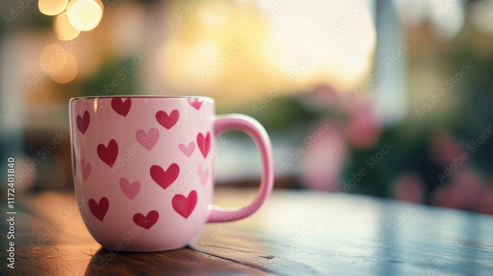 Poster pink cup adorned with heart patterns placed on a wooden table in a softly lit environment, evoking a