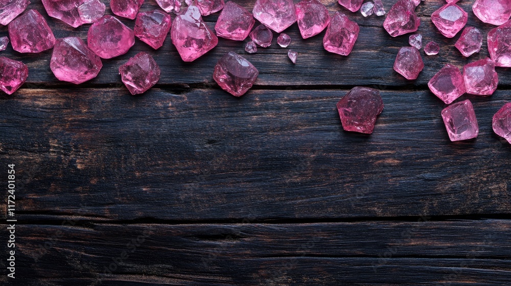 Aufkleber Textured dark wooden surface with scattered pink translucent stones creating a visually appealing background for design projects.