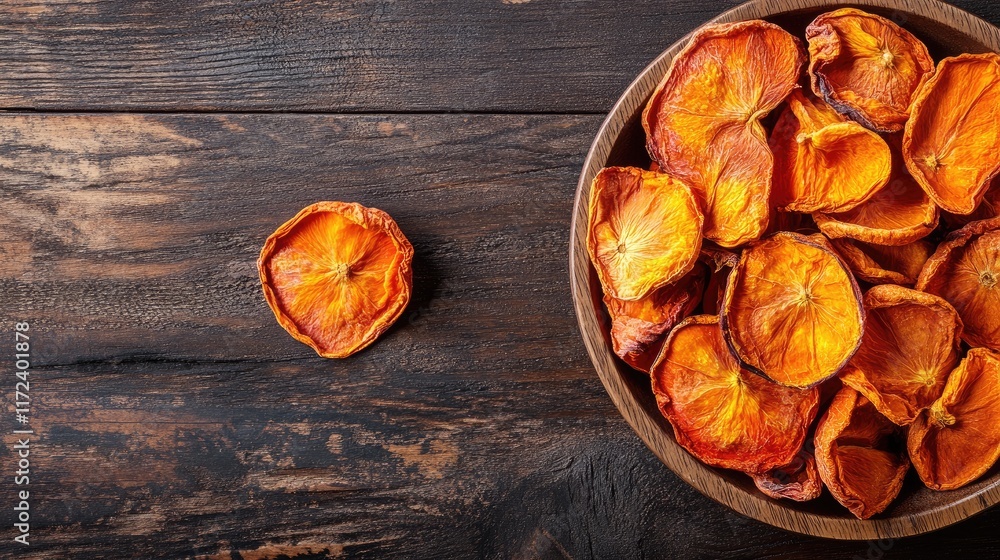 Aufkleber overhead view of sun dried persimmons in a wooden bowl on rustic table background