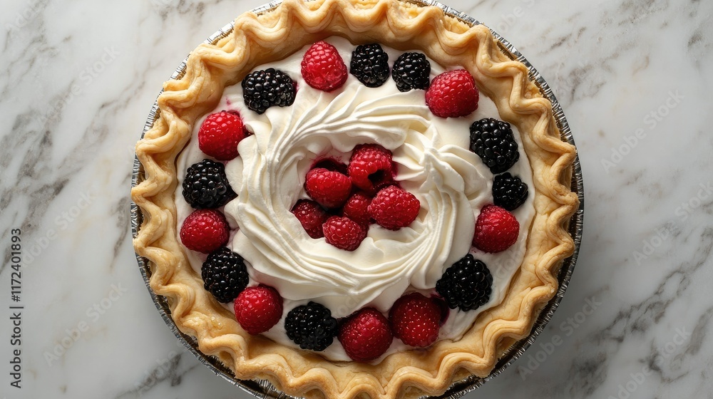 Poster overhead view of a delicious pie topped with whipped cream and an assortment of fresh berries on a m