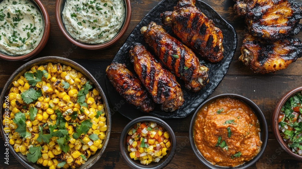 Poster grilled chicken wings served with sweet corn and a variety of dips on a rustic wooden table. perfect
