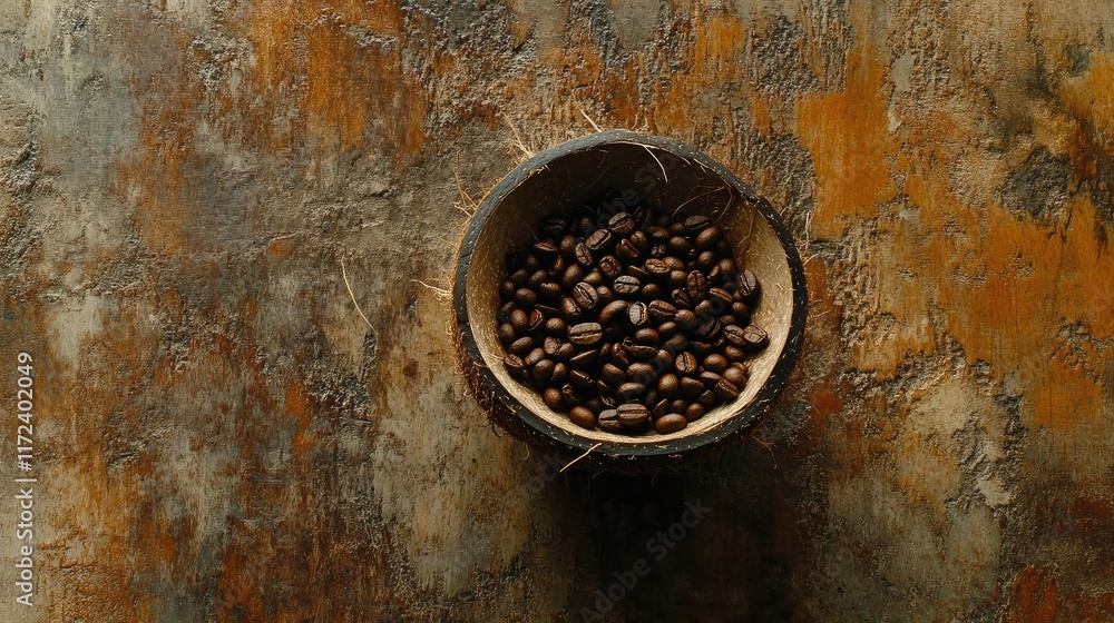 Poster overhead view of roasted coffee beans in coconut shell resting on rustic surface showcasing still li