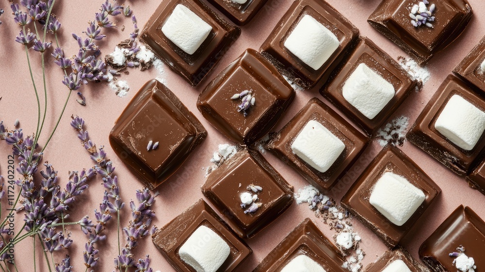 Poster overhead arrangement of chocolate squares topped with marshmallows and lavender on a soft pink backg