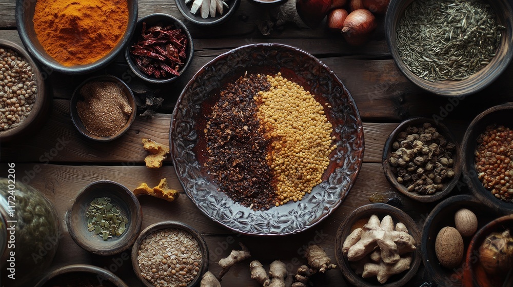 Aufkleber overhead view of assorted spices and grains arranged artistically on a wooden table showcasing vibra