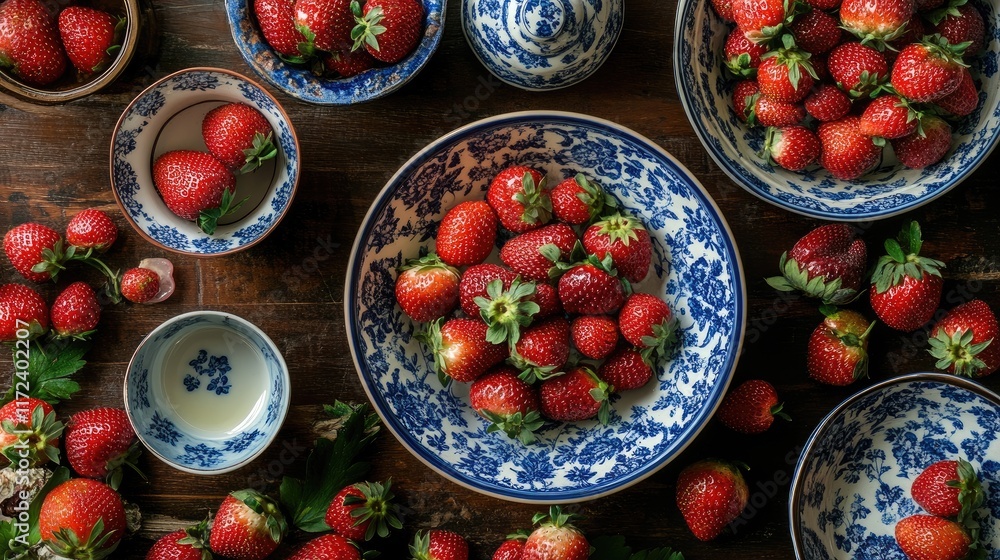 Aufkleber Overhead view of vibrant strawberries arranged in decorative bowls on rustic wooden table setting