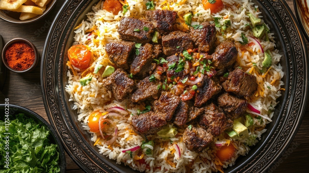 Poster delicious overhead view of a gourmet rice dish topped with grilled meat and fresh salad ingredients 