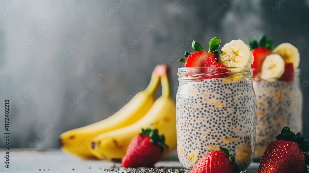 Poster chia pudding with strawberries and bananas in jars on rustic background healthy breakfast or snack o