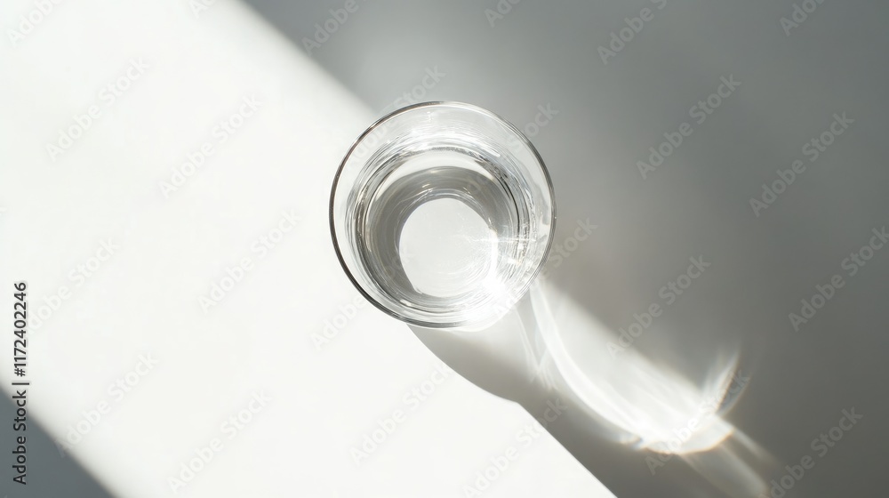 Poster Overhead perspective of a clear glass filled with water casting a reflective shadow on a minimalist white table setting