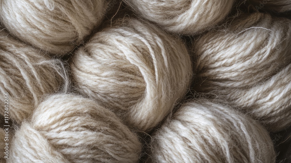 Poster Overhead view of neatly arranged natural wool yarn bundles in soft beige tones for crafting and knitting projects.