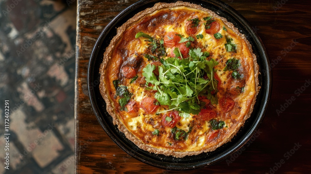 Poster overhead view of freshly baked quiche garnished with herbs and tomatoes on a rustic wooden table