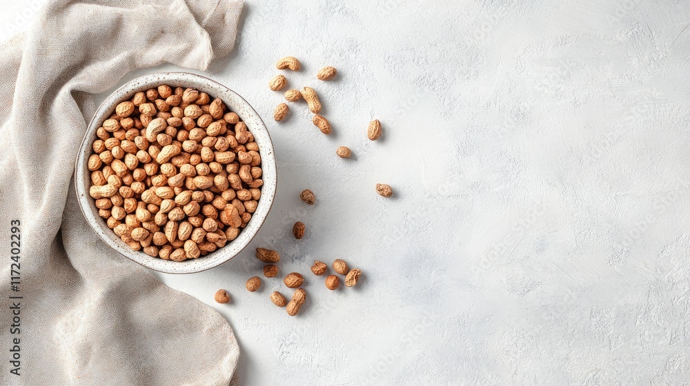 Aufkleber Organic raw peanuts in a bowl on a light textured surface with scattered nuts and a soft fabric backdrop for natural food imagery.
