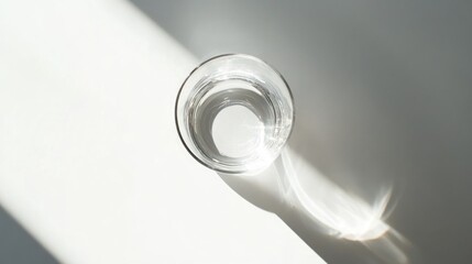 Overhead perspective of a clear glass filled with water casting a reflective shadow on a minimalist white table setting