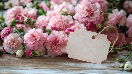 Pink floral bouquet with a blank card tag on wooden background perfect for invitations or branding projects