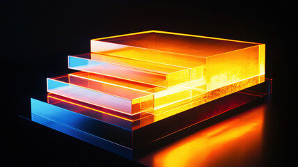 A glowing cumulative bar chart with transparent, stacked layers, radiating soft neon hues. The sleek reflective platform enhances the futuristic, high-tech aesthetic of the data visualization.