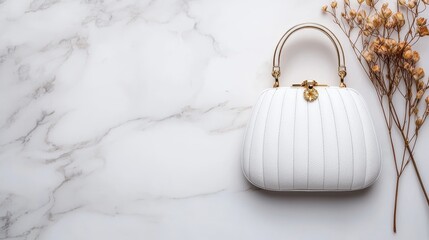 Elegant White Handbag on Marble Surface with Dried Flowers for Fashion and Lifestyle Imagery