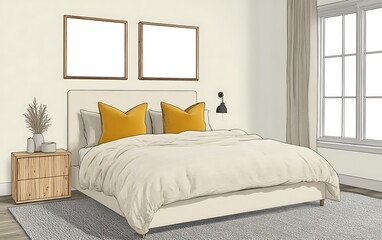 Cozy bedroom interior design, sunlight, window, neutral tones, mockup frames, home decor.