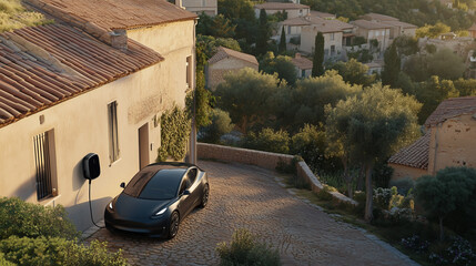 Modern Electric Car Charging in a Picturesque Mediterranean Setting