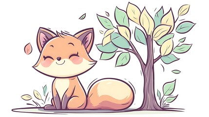 A small fox with blushing cheeks and a bushy tail sitting quietly under a pastel tree, soft pastel colors, minimalist hand-drawn style, clean white backdrop, kawaii-inspired, hd rendering.