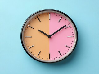 A modern clock split in two colors, orange and pink, displaying the time.