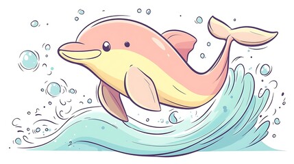 Naklejka premium A smiling dolphin soaring from a pastel-colored wave, surrounded by soft pastel highlights, clean white backdrop, minimalist hand-drawn lines, kawaii aesthetic, hd quality,