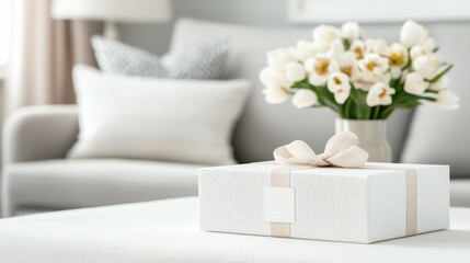 Elegant White Gift Box on a Stylish Table with Fresh Flowers in Cozy Living Room