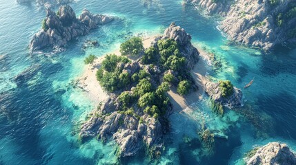 Fototapeta premium Aerial view of a serene, tropical island surrounded by clear turquoise waters and rocky formations, showcasing lush greenery and sandy beaches.