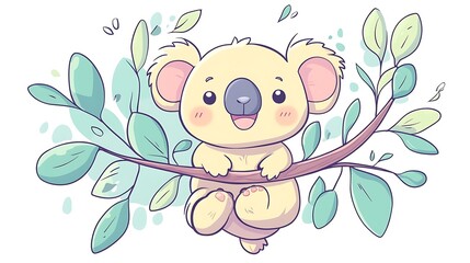 A smiling koala clinging to a pastel-colored eucalyptus branch, soft pastel tones, clean white background, minimalist hand-drawn lines, kawaii aesthetic, hd quality, smooth and natural textures.