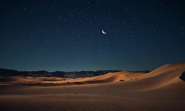 A serene desert landscape under a starry night sky with a crescent moon illuminating dunes.