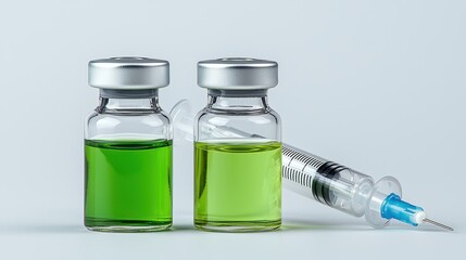 Green Vaccine Vials and Syringe on Light Background for Medical and Health Themes