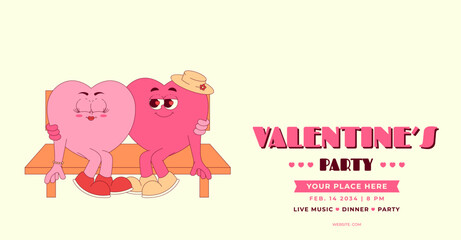 Retro Groovy Valentines Party Invitation. Lovely couple hearts characters on bench in retro groovy style. Love holiday concept. Vector horizontal banner, pink colors