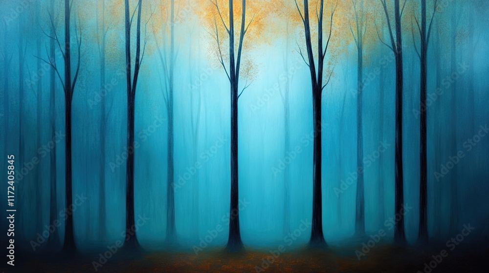 Poster mystical forest with tall trees and ethereal fog in background