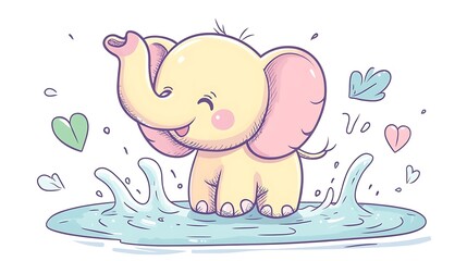 A tiny baby elephant with blushing cheeks splashing water, delicate pastel ripples around its feet, minimalist white background, hand-drawn line art, kawaii aesthetic, hd quality,